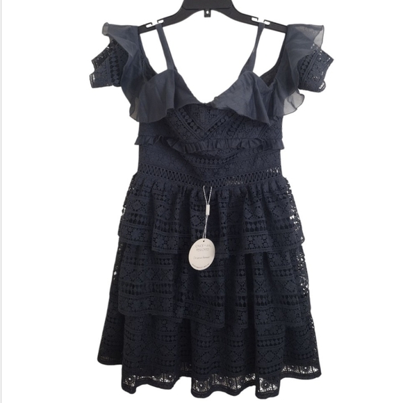 Two Sisters The Label Elegant Navy Blue Lace Ruffle Dress Size 6 - Picture 1 of 13